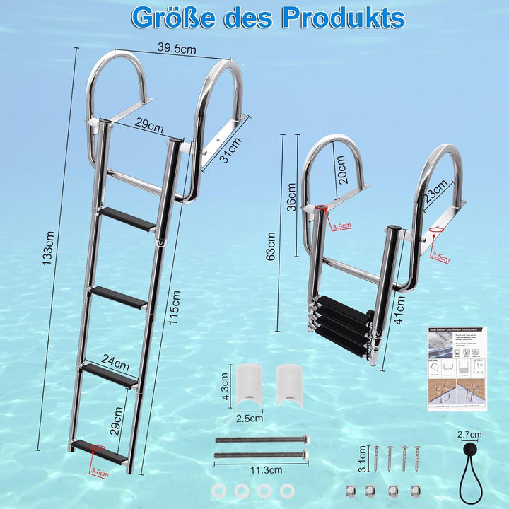 KAOLALI Bootleiter 4 Stufen Poolleiter Edelstahl, Badeleiter Boot Klappbar Teleskop mit Grossen Hand