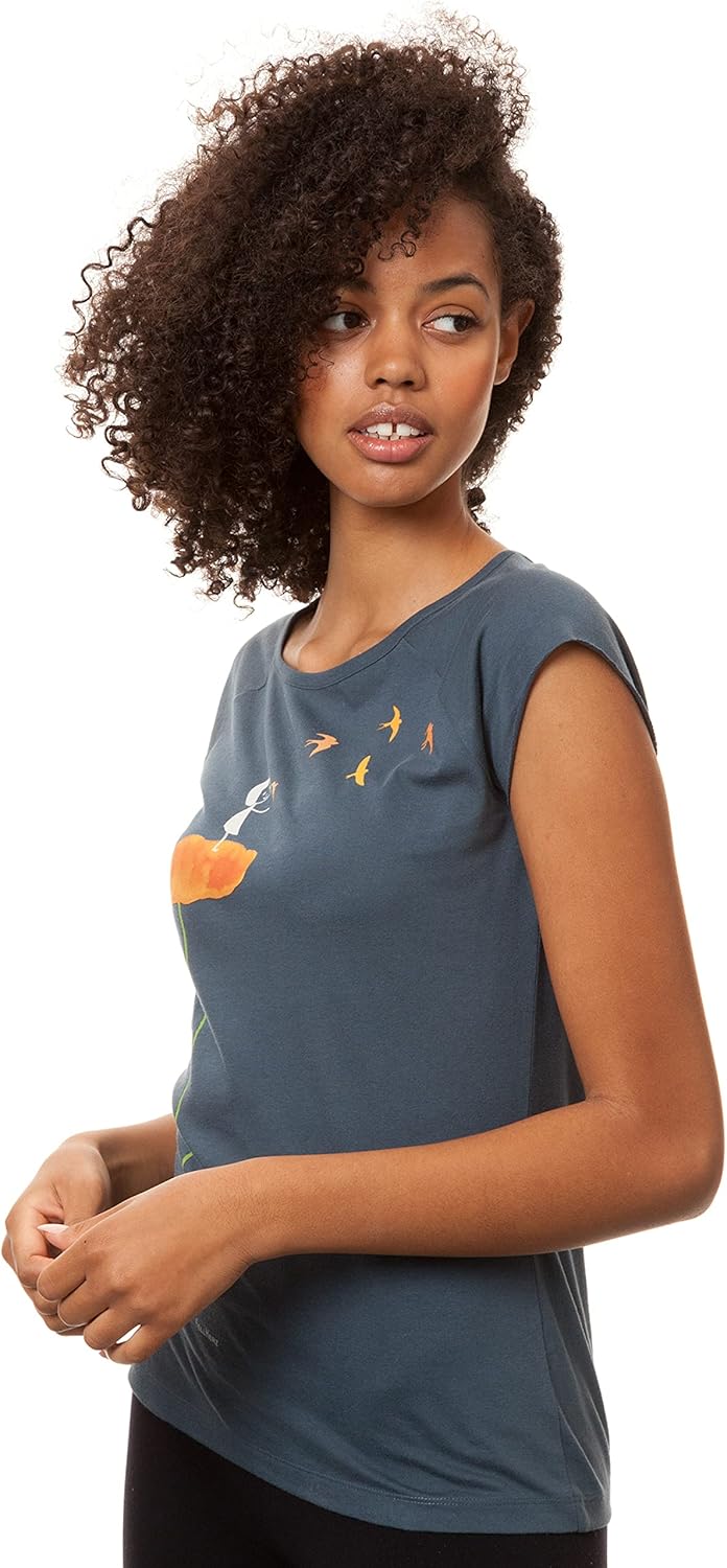 FellHerz Damen T-Shirt Schwalbenzug Blau-Grau Bio Fair und Vegan XS Blau, XS Blau