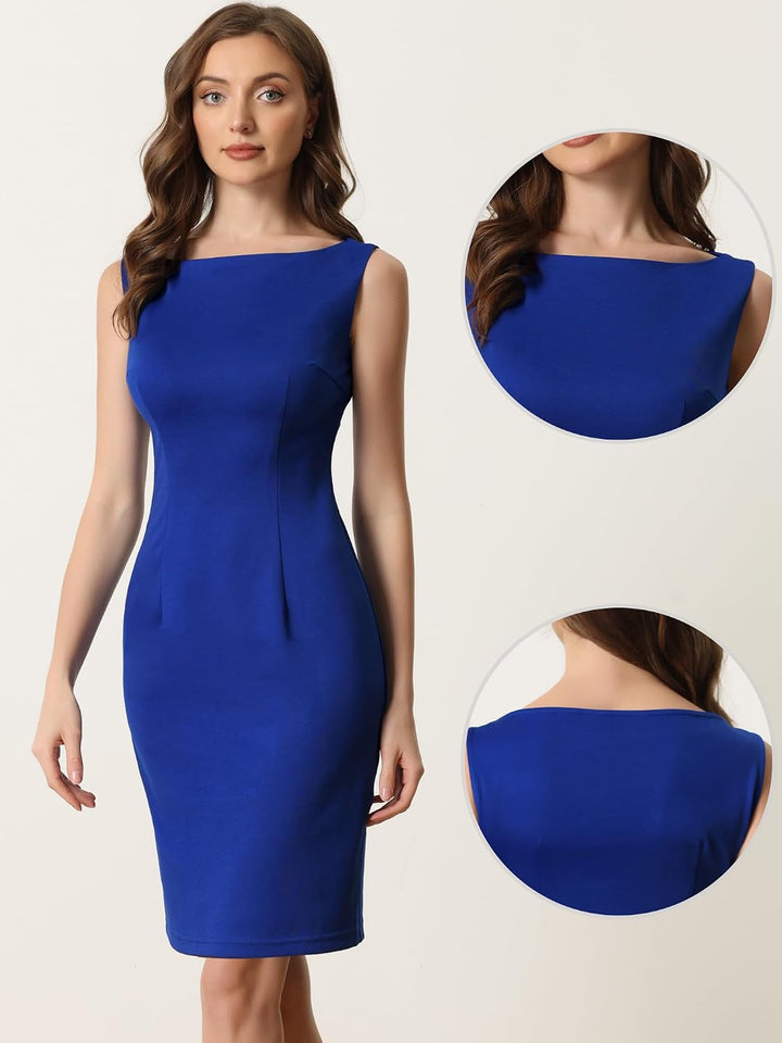 Allegra K Damen Freizeit Kleider Armellos U-Boot Ausschnitt Lässig Elegant Büro Etuikleid XL Blau, X