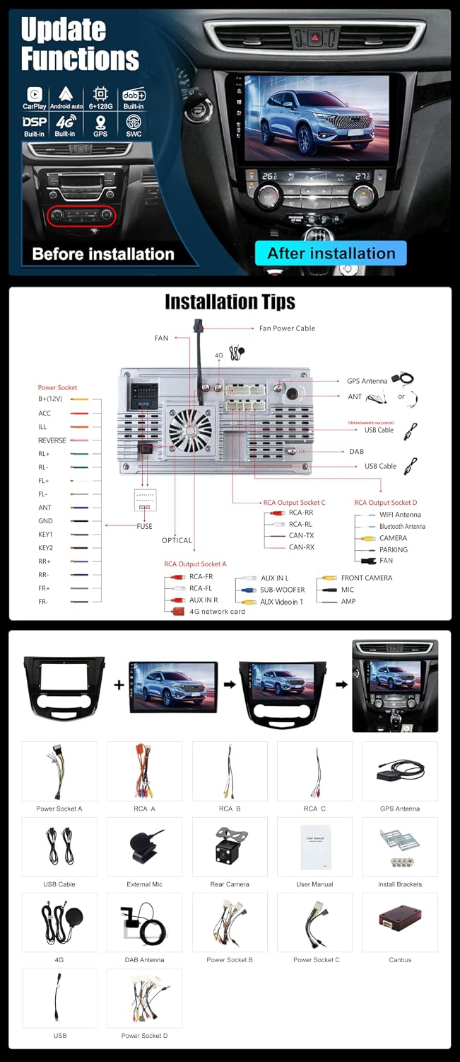 Eingebaut 4G LTE &amp; DAB | Android 16 QLED Autoradio für Nissan Qashqai J11 X-Trail Rouge (2014-2018)|