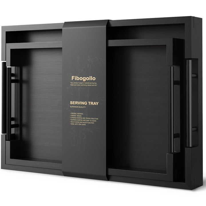 Fibogollo 2er Set Bambus Serviertablett mit Metallgriff,Rechteckig Tablett Frühstückstablett,Deko Ot
