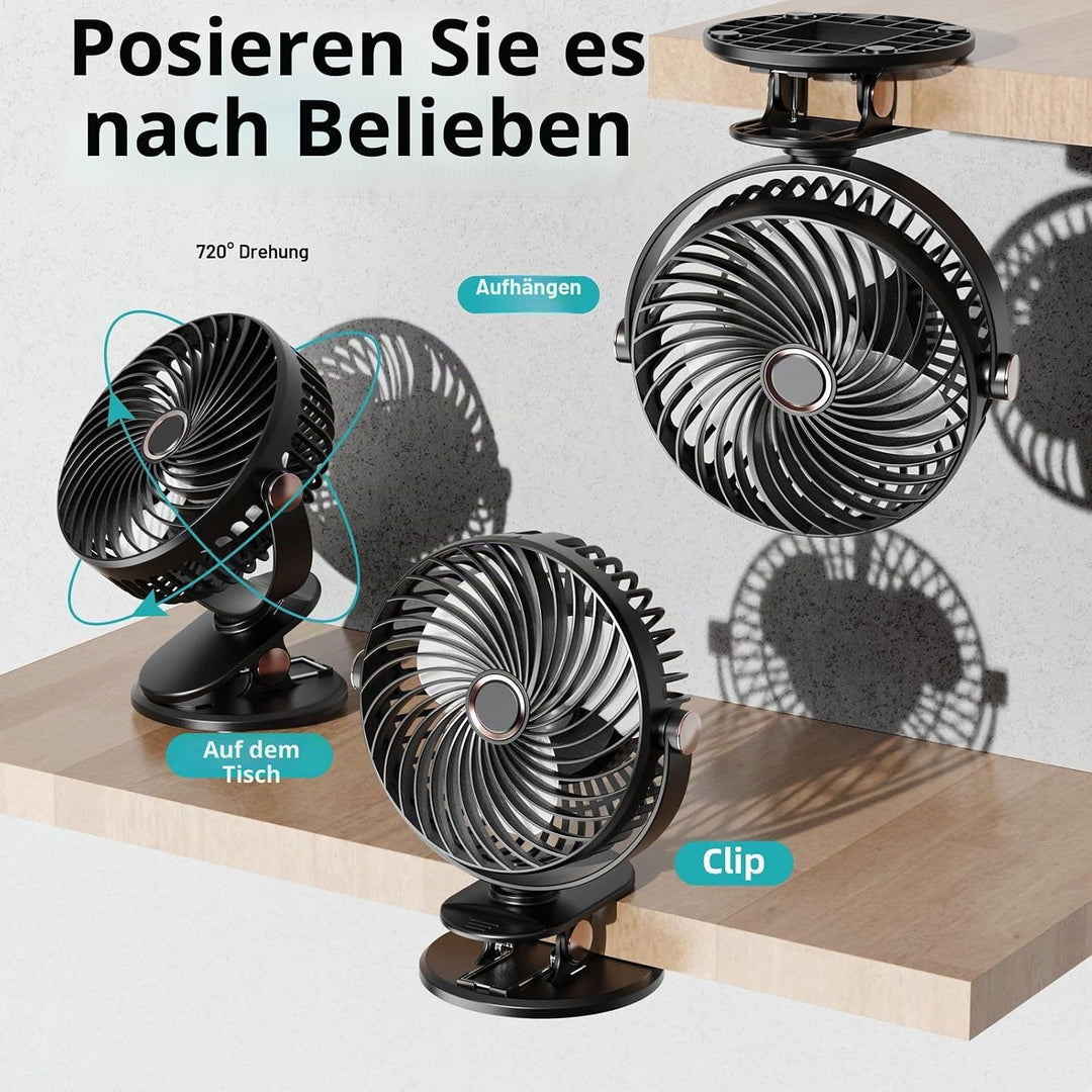 Schreibtischventilator, Mini-Ventilator, USB, leise, mit LCD-Display, 6000 mAh, Clip-Ventilator, 5 G