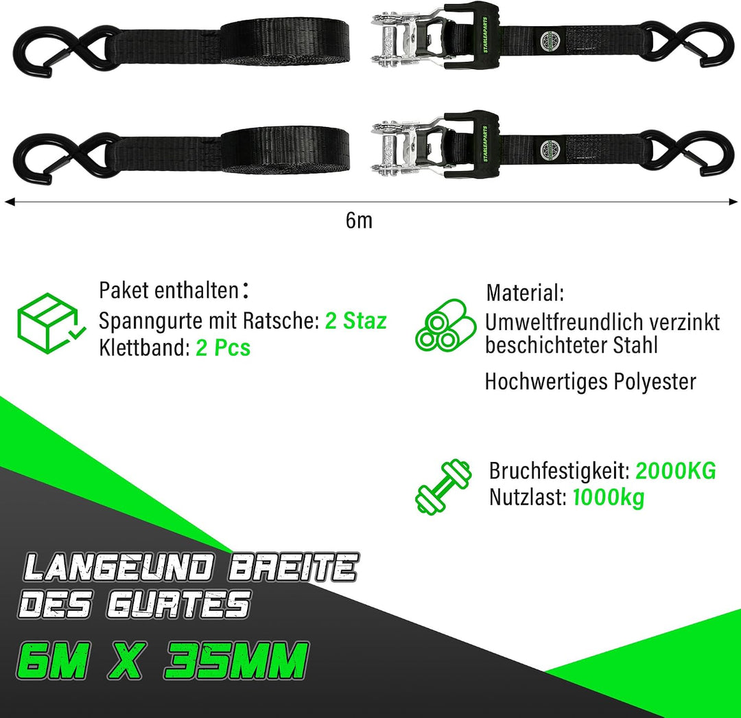 StarLeaparts 35mm x 6m Spanngurte mit Ratsche und Haken, 2 Stück - 2000kg Zurrgurte, Ratschengurt, R