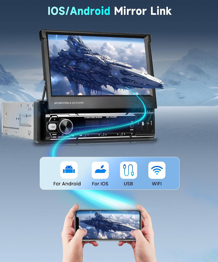 Rimoody Autoradio 1 Din Wireless Carplay Android Auto con 7 Pollici HD Touchscreen Manuell Einziehba