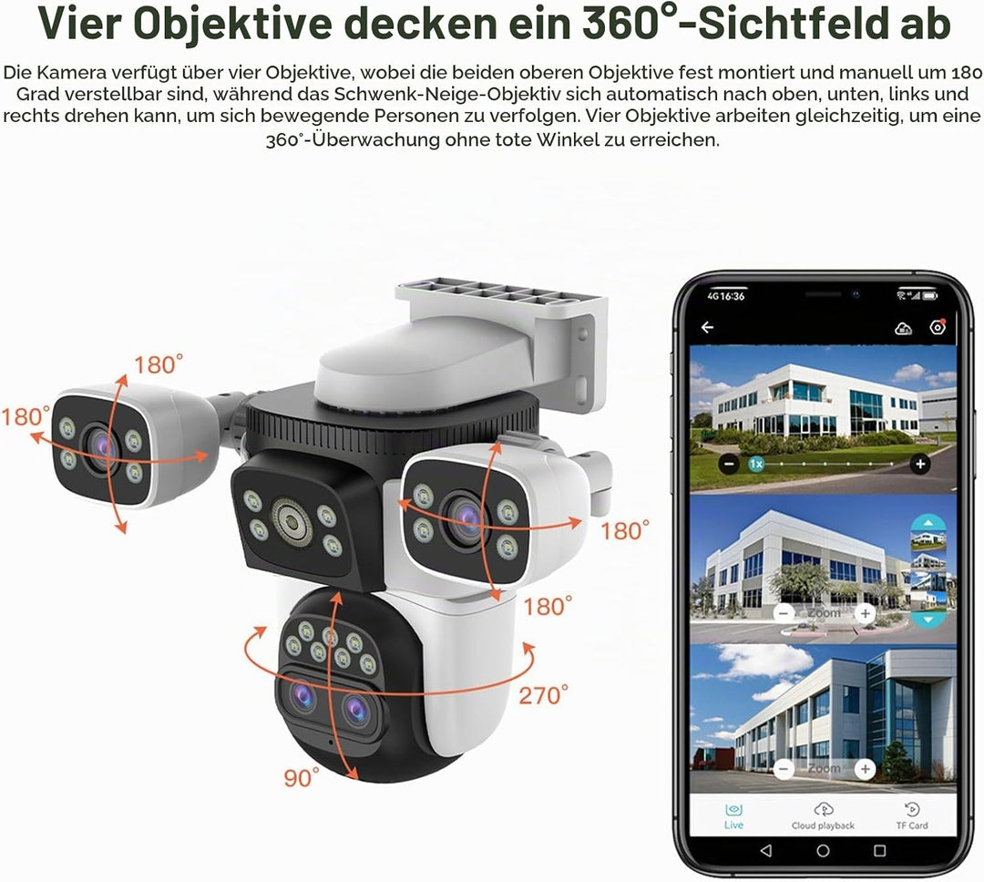 3-Objektiv-Überwachungskamera für den Aussenbereich, 360°-WLAN-Überwachungskamera mit KI-Menschenerk
