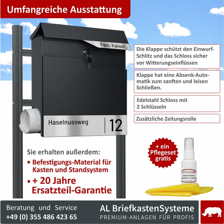 AL Briefkastensysteme Laser-Line Standbriefkasten personalisiert mit Name &amp; Hausnummer in RAL 7016 A