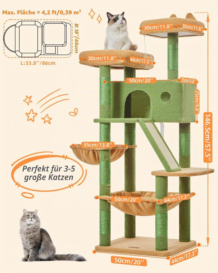 Taoqimiao 146CM Kratzbaum Gross, Katzenbaum Katzen Kratzbaum Grosse Katzen Stabil mit 2 Katzenhaus,