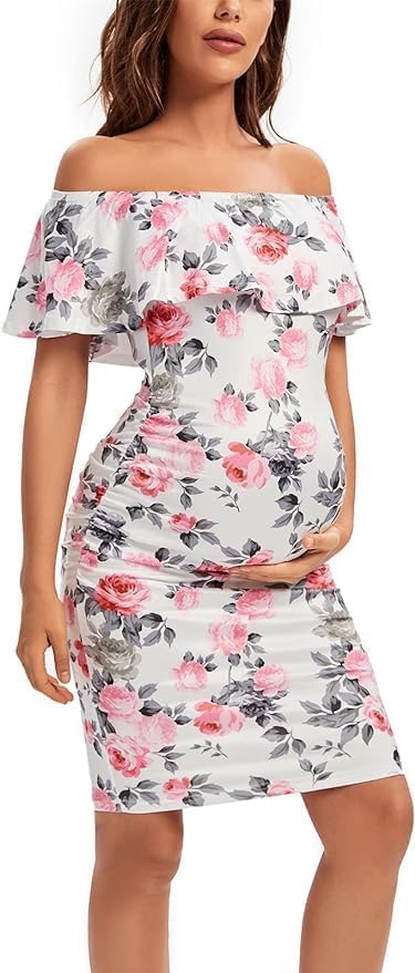 Shen&amp;Qege Umstandskleid Lässig mit Schulterfreiheit, Rüschen, ärmellos, Bodycon, Umstandsmode Sommer