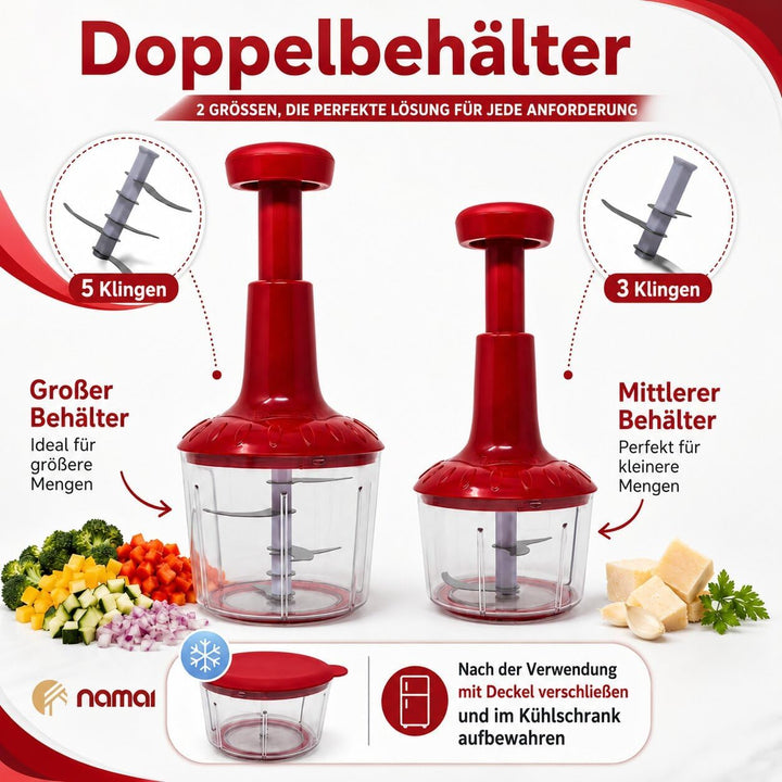 NAMAI – Zwiebelhacker Mit 5 Klingen, 2 Behältern und Mixer