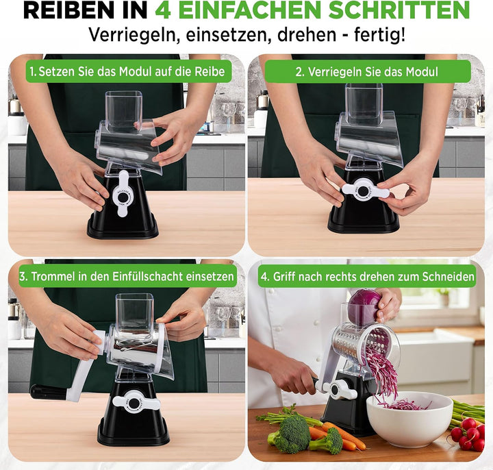 NutriChef Gemüsehobel mit Kurbel, 3 Klingen für Käse &amp; Gemüse – Schwarz, Schwarz