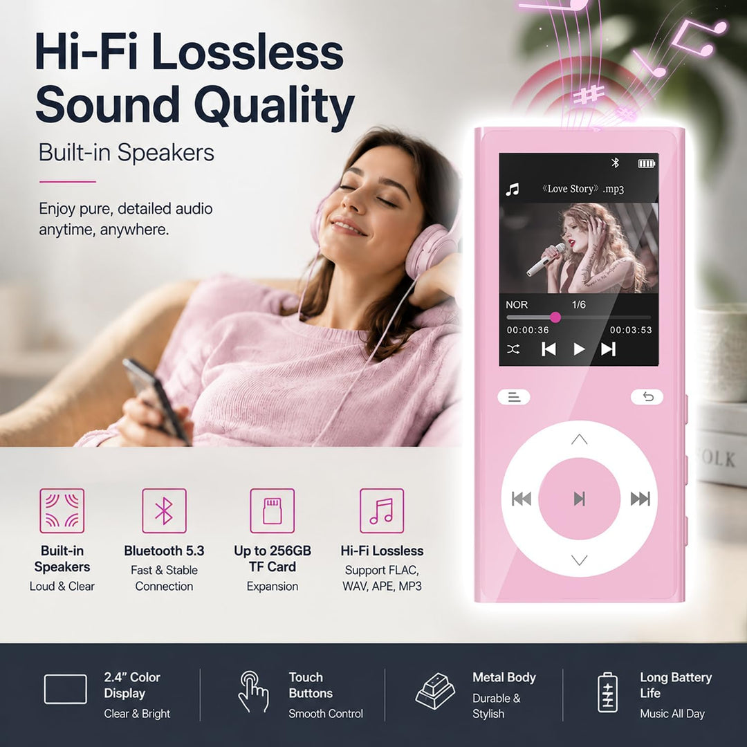 90GB MP3 Player Bluetooth 5.3, Musik Player 2 TF-Kartensteckplätzen Rosa, Rosa