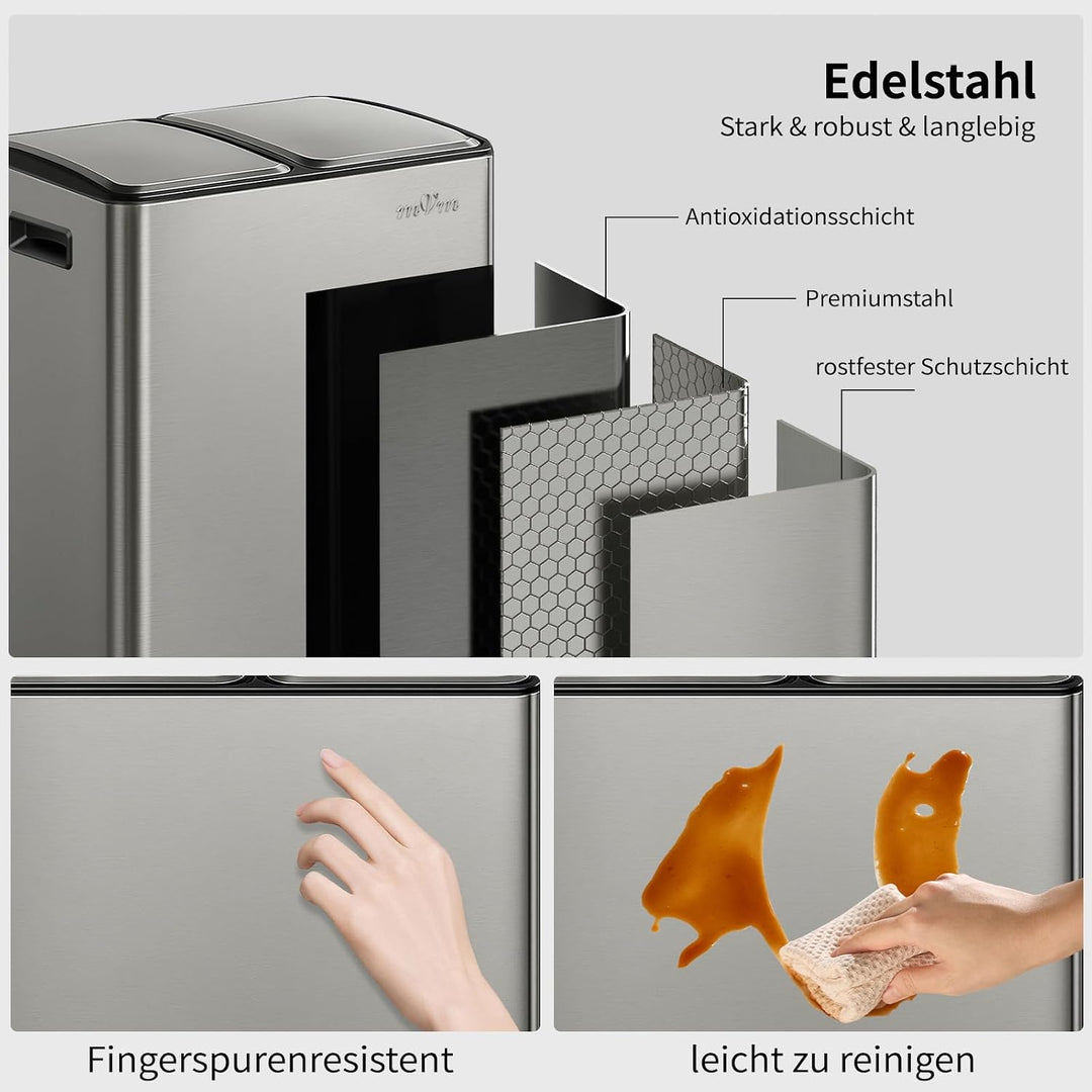 mVm Mülleimer Küche,40 Liter Treteimer,2 x 20 Liter Treteimer, 2 Fächer, Mülltrennsystem, Abfalleime