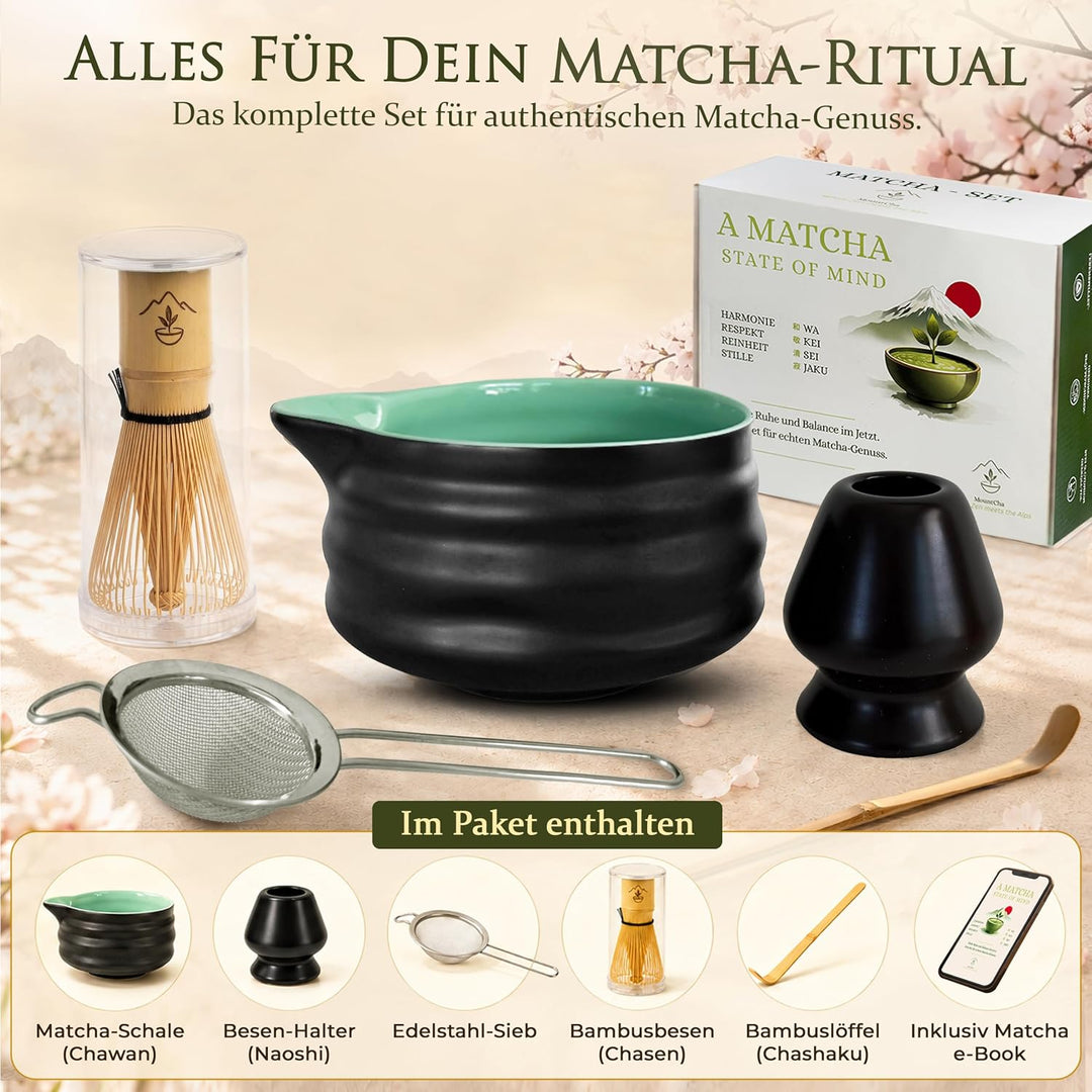 Premium Matcha Set 5-teilig | Matcha Zubehör Set mit Schale, Bambusbesen, Besenhalter, Matcha Löffel