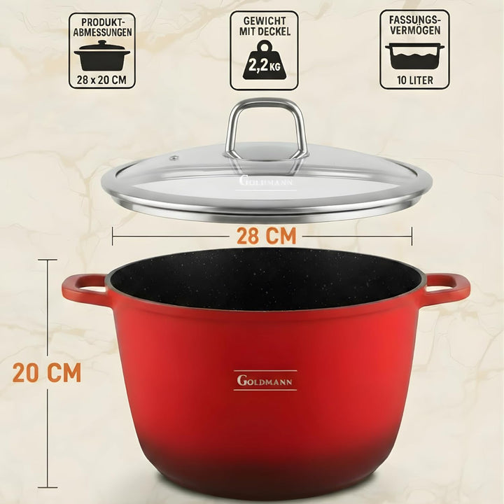 GOLDMANN Modern Rot 28 CM (10L) Aluguss-Kochtopf/Suppentopf mit Glasdeckel, Marmor-Keramik-Antihaftb