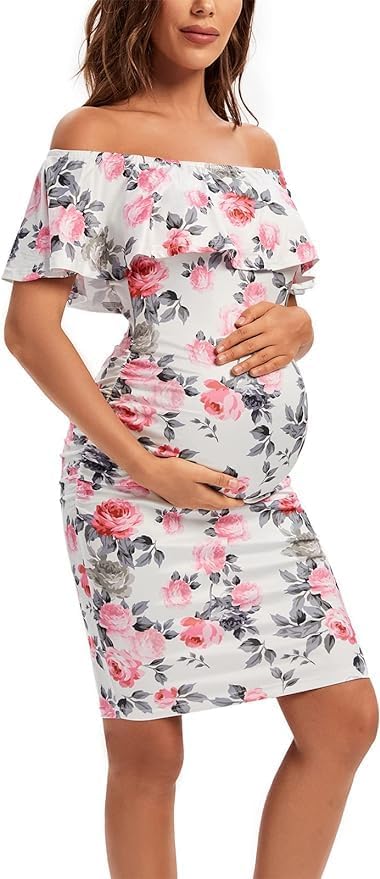Shen&amp;Qege Umstandskleid Lässig mit Schulterfreiheit, Rüschen, ärmellos, Bodycon, Umstandsmode Sommer