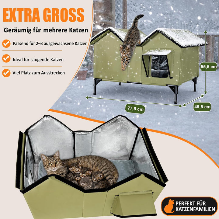 Beheiztes Katzenhaus Outdoor Winterfest, extra grosses isoliertes Katzenhaus für draussen mit Heizpo