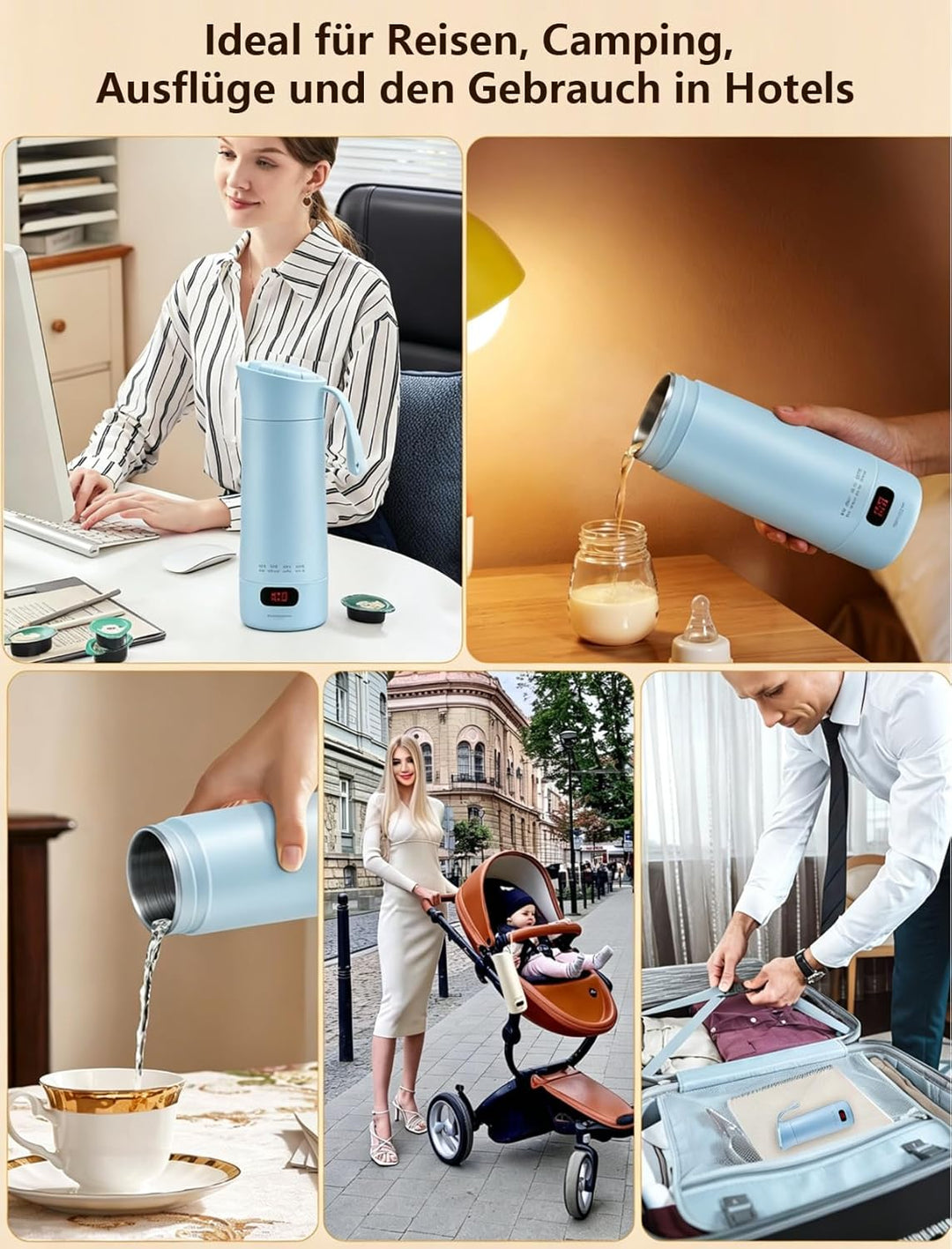 Elektrischer Reisewasserkocher Klein 400ML, Kleiner Wasserkocher Reise Schnelles Kochwasser mit Temp
