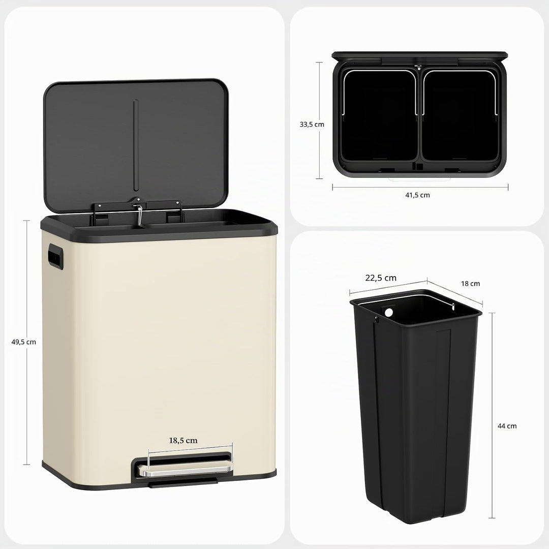 LIFERUN Mülleimer 2 Fächer, Mülltrennsystem 2 x 15 L,Sandbeige, Sandbeige