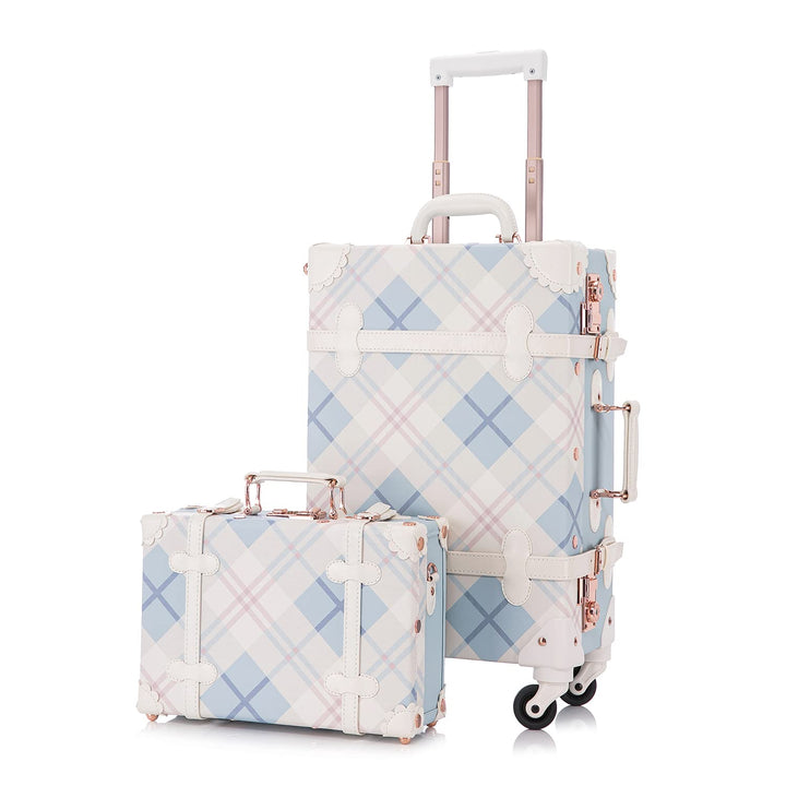 Unitravel Vintage Koffer Set 2 Teilig, Retro PU-Leder Handgepäck Koffer mit Kosmetikkoffer, Blau Kar