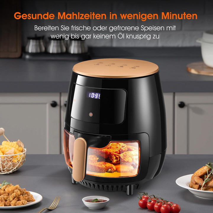 Heissluftfritteuse 6L, Ölfreie Airfryer mit Sichtfenster, 1400Watt, LED-Touchscreen, 8 Programme, 36