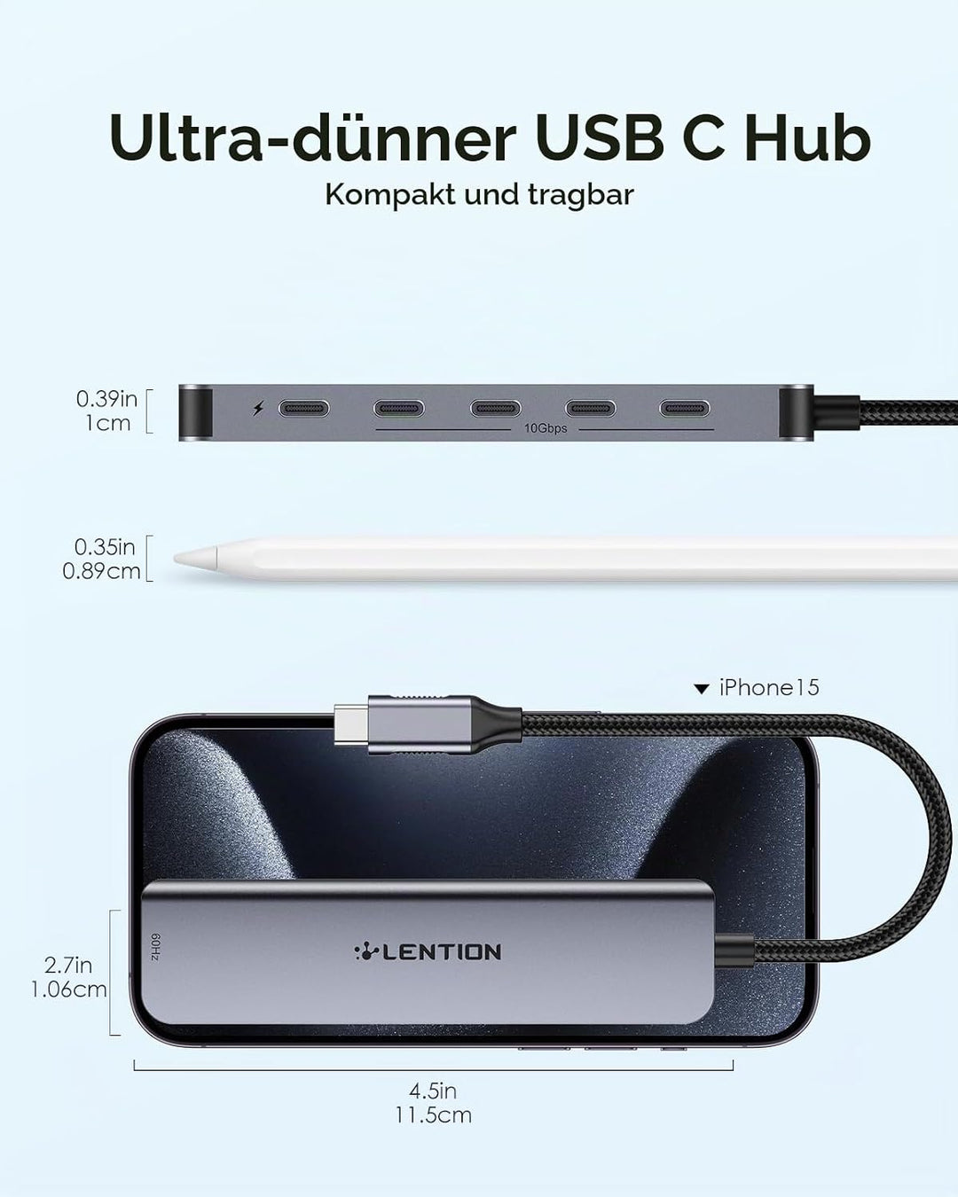 LENTION 4 Port USB C Hub 10 Gbps USB-C 3.2, 4K@60Hz HDMI, 100W PD Aufladung 4x USB-C in 10Gbps Grau,
