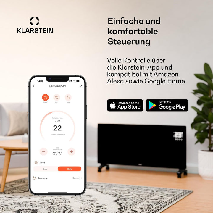 Klarstein Elektroheizung, Konvektor-Heizung mit Bodenrollen, Mobile Elektroheizung Energiesparend, L