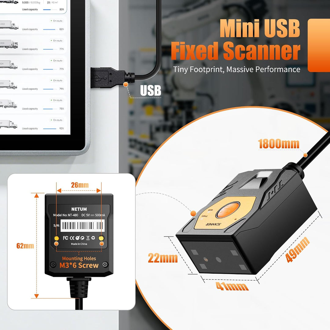 NETUM NT-480 Fixed Mount Barcode Scanner, Industrieller 1D 2D QR Code Scanner mit USB Anschluss, Aut