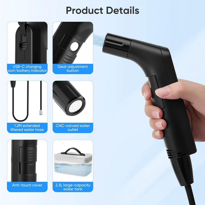 Elektrisches Reise Bidet 2.3L, Electric Bidet Mobiles Portable Bidet mit 1.2M Schlauch, Tragbar für