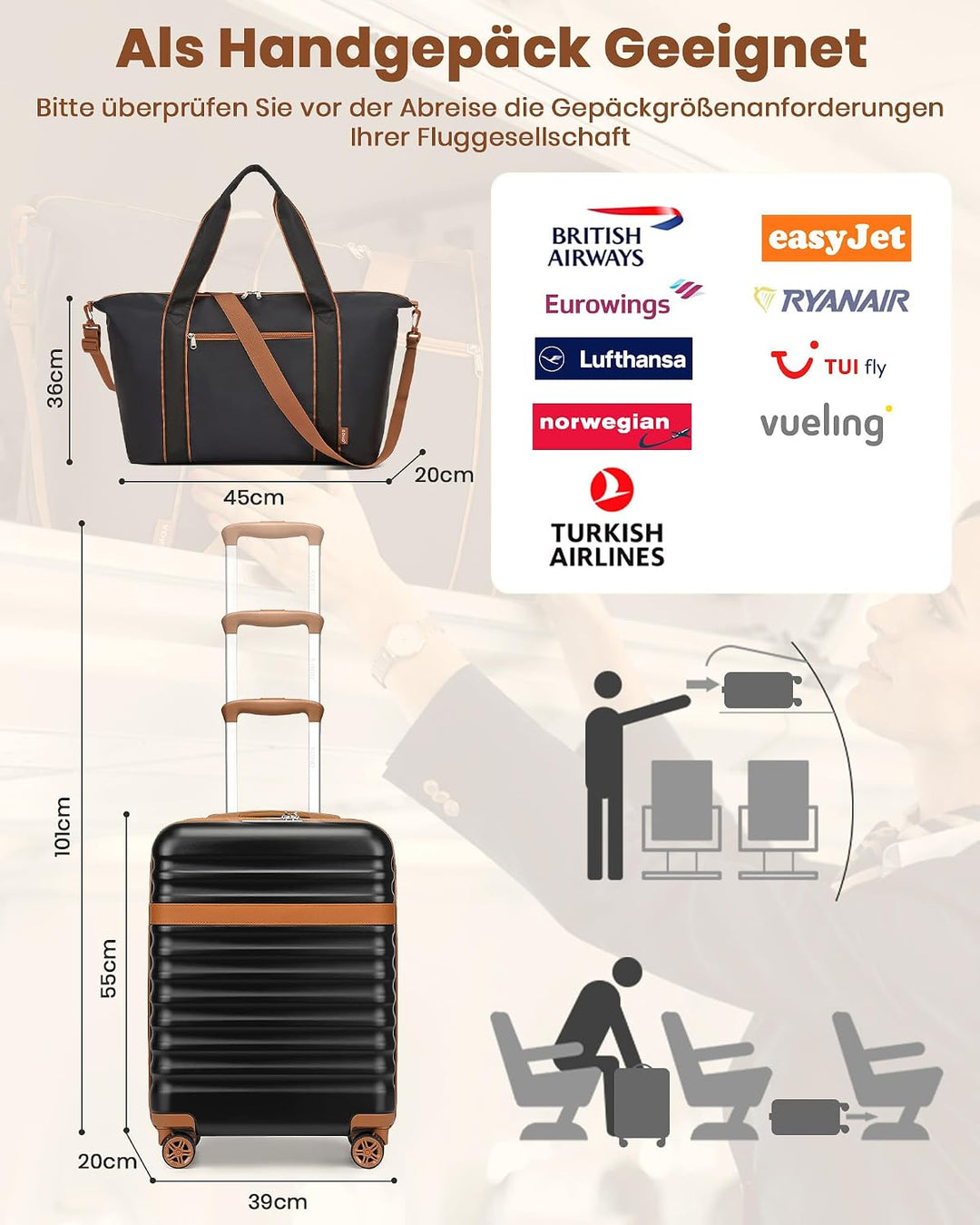 KONO Koffer Set 3-teilig, Hartschalen Koffer Handgepäck mit 4 Rollen und TSA Schloss, leichte ABS+PC