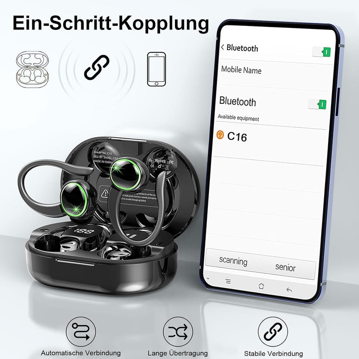 Kopfhörer Kabellos Bluetooth 5.4, 2026 Bluetooth Kopfhörer Sport 6D Bass Sternen Schwarz, Sternen Sc