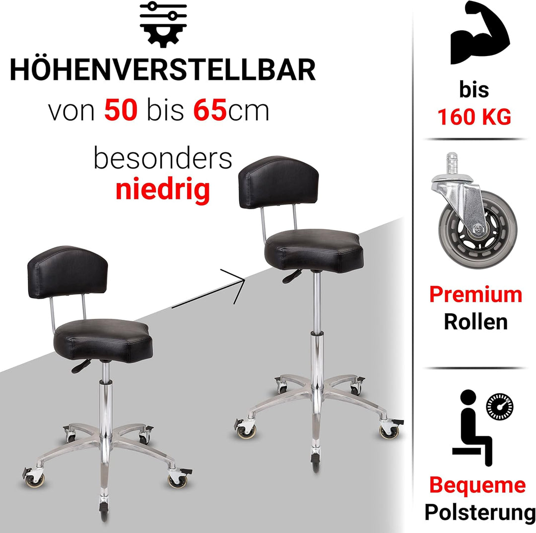 Staboos Rollhocker bis 160 kg - Ergonomisch geformter Sitz mit Bremse und Lehne - Drehhocker (Premiu