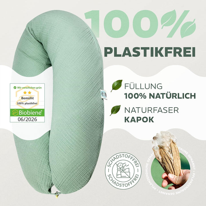 sei Design Stillkissen XXL 190x35 cm, Natur Kapok, Musselin Bezug aus Bio-Baumwolle, Schwangerschaft