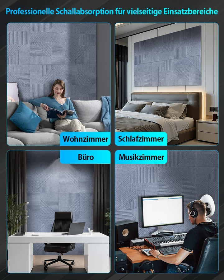6 Stück Akustikpaneele selbstklebend 60 x 60 x 1,2 cm, Akustikplatten aus Polyester zur Schalldämmun