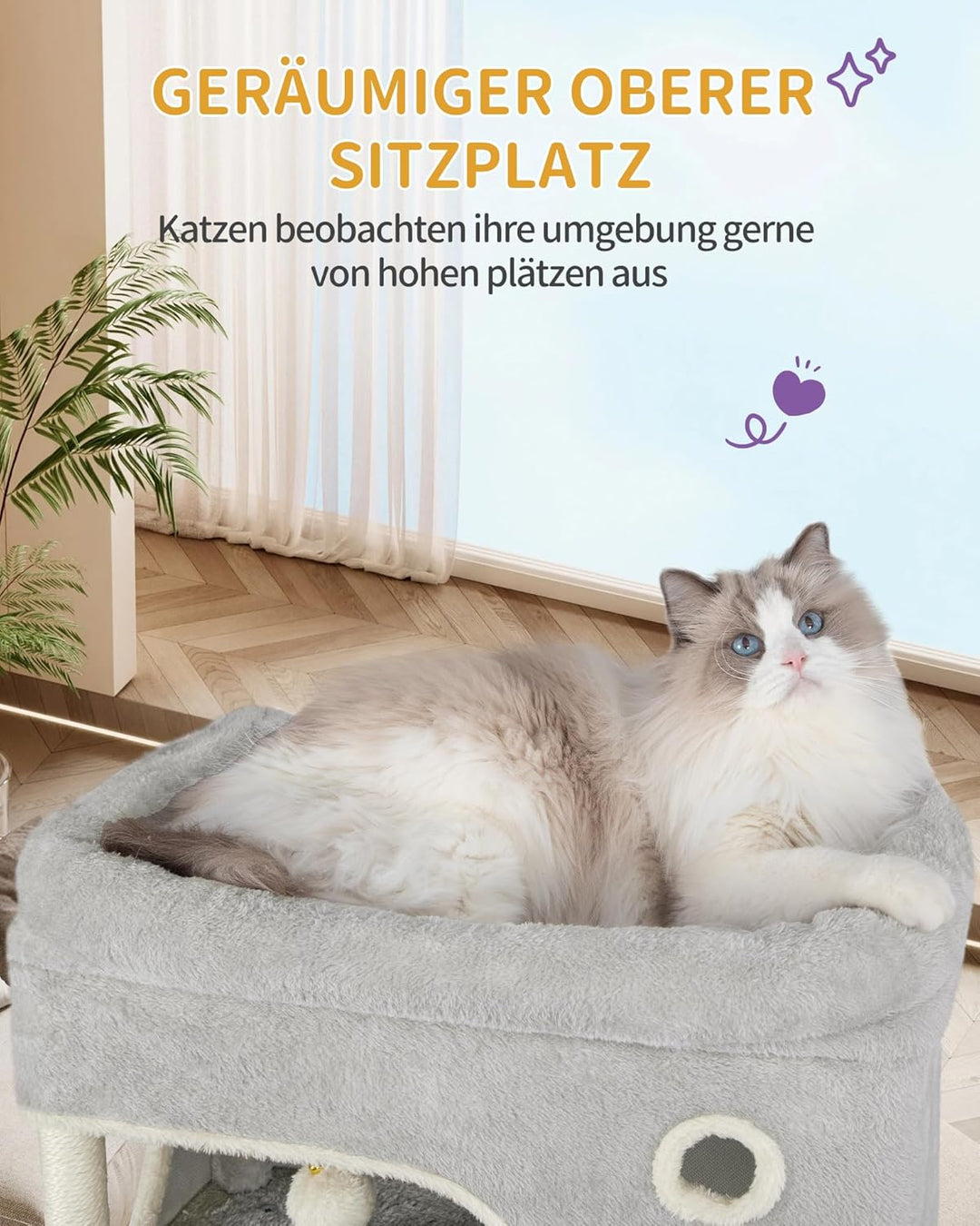 Hzuaneri Kratzbaum, 178 cm Katzenbaum mit grosser Plattform, 2 Höhlen, 7 Kratzsäulen, Pompons, Liege