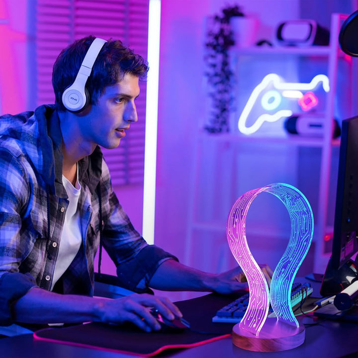 Ammonite Kopfhörerständer - Walnussholz Gaming Schreibtisch Accessoire mit LED-Leuchten, USB-Strom &amp;