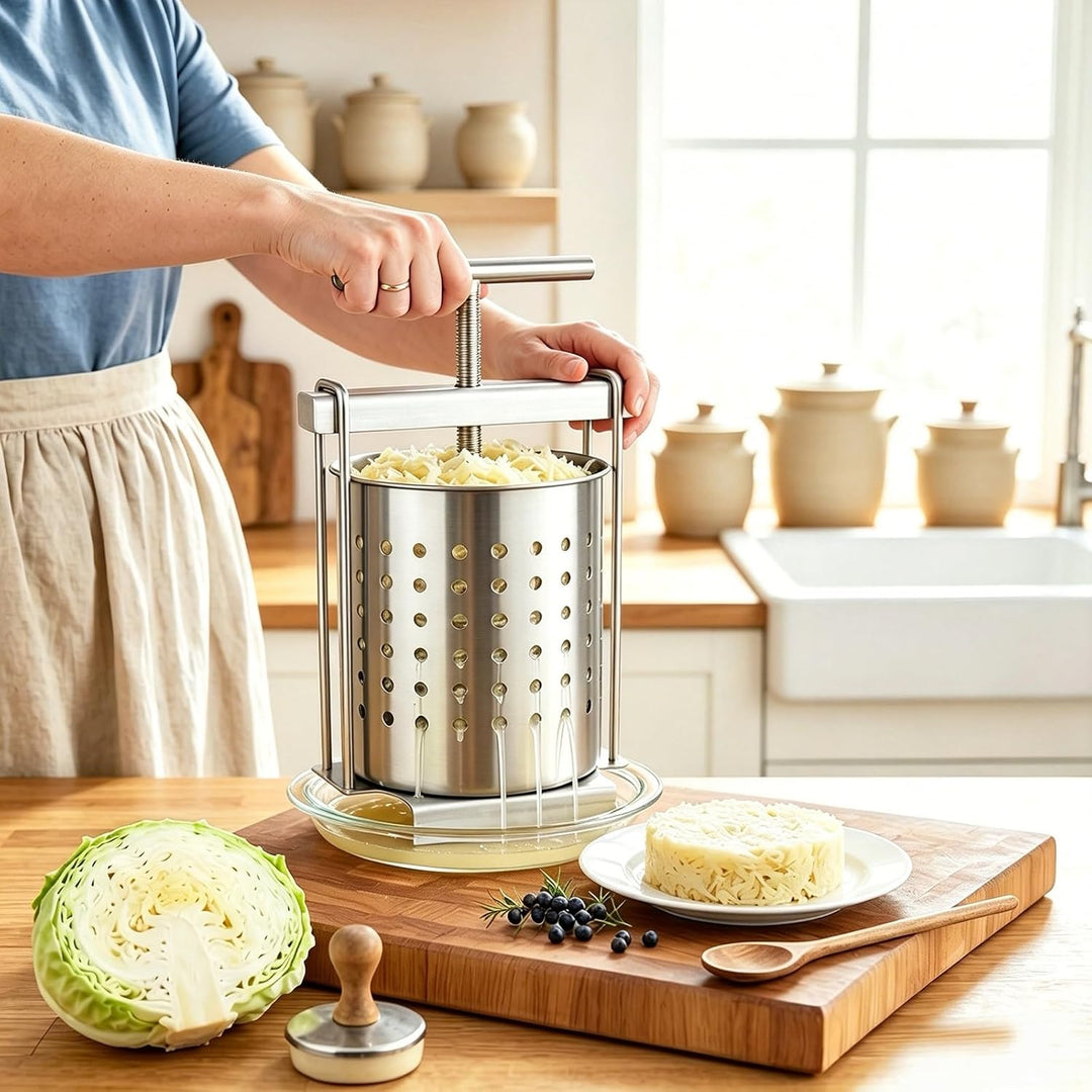 Edelstahl Gemüsepresse Manuell 2,5L – Spindelpresse zum Entwässern von Gemüse, Kohl und Sauerkraut –