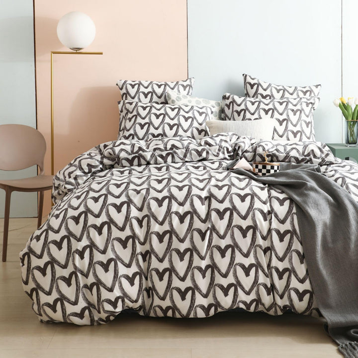 Freyamy Bettwäsche 200x220cm 3teilig Schwarz Weiss Herz Bettwaren-Sets Gebürstet Microfaser Weiche W