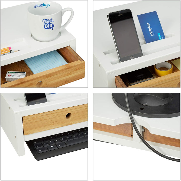 Relaxdays Monitorständer Bambus, Bildschirmerhöhung mit 2 Schubladen &amp; Fächern, Lapdesk HBT 14 x 60