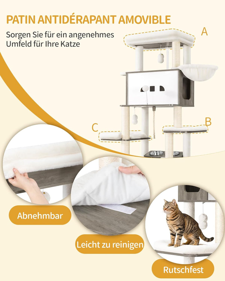 Hzuaneri Kratzbaum, Katzenbaum mit Katzenklo Schrank, Futterstation, 173 cm Hoch, mit Grosser Plattf