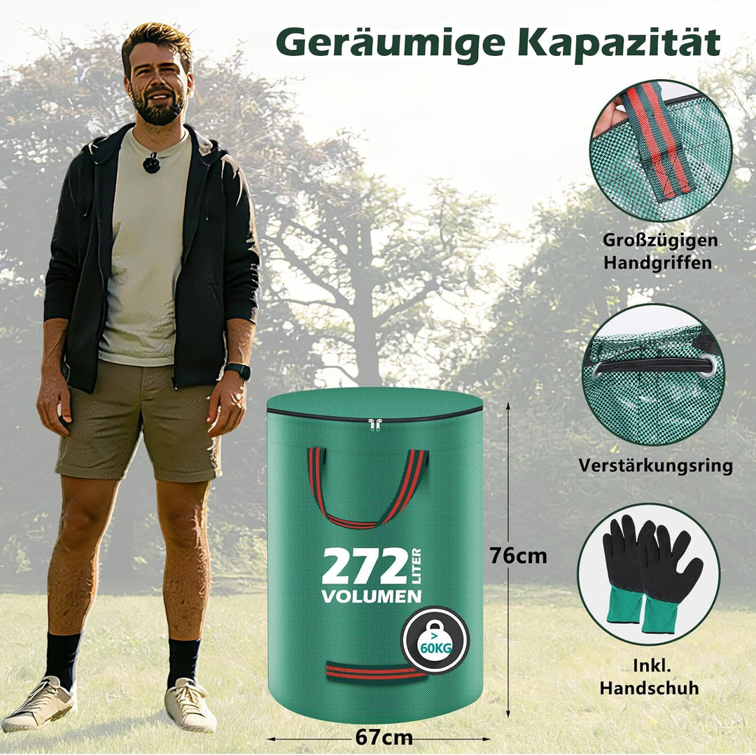 Miaglury 3X 272L Gartenabfallsack Stabil mit Deckel &amp; inkl. Handschuhe - Gartensack Laubsack Gross,
