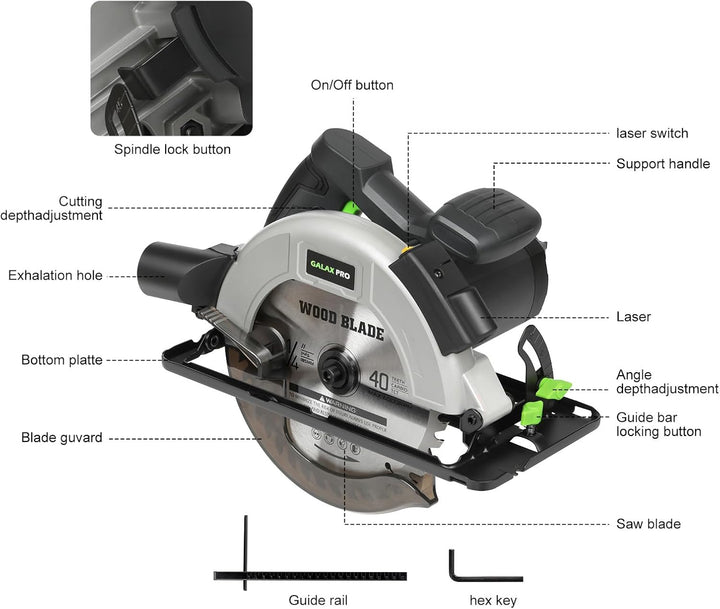 GALAX PRO 1400W Handkreissäge mit 62mm Schnitttiefe &amp; Neigefunktion 76346-3L, 76346-3L