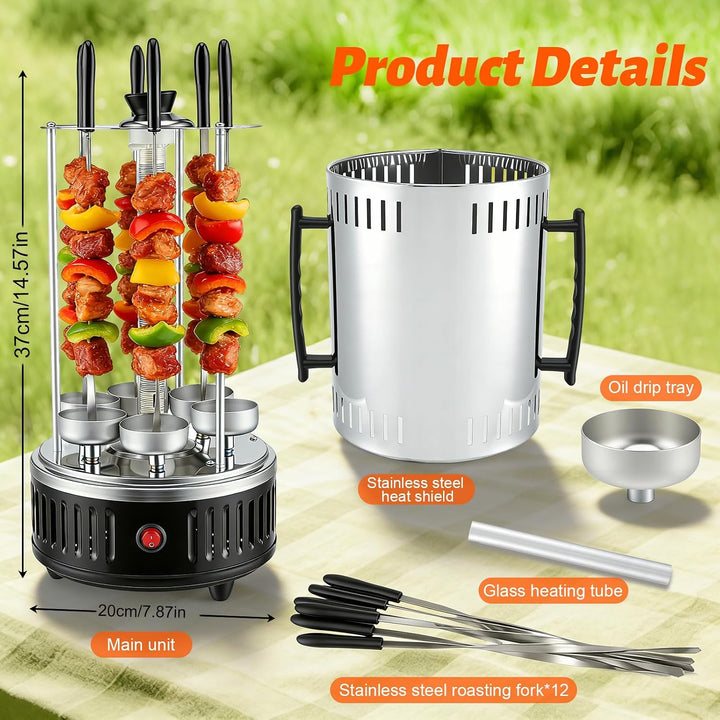 Elektrischer BBQ Tischgrill Vertikalgrill aus Edelstahl, Schaschlikgrill mit 12 Spiessen und 2 Glasr
