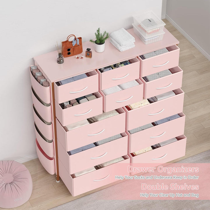 GarveeHome Stoffkommode 99x30x110 cm Metall MDF 12 Schubladen Pink Rosa, Rosa
