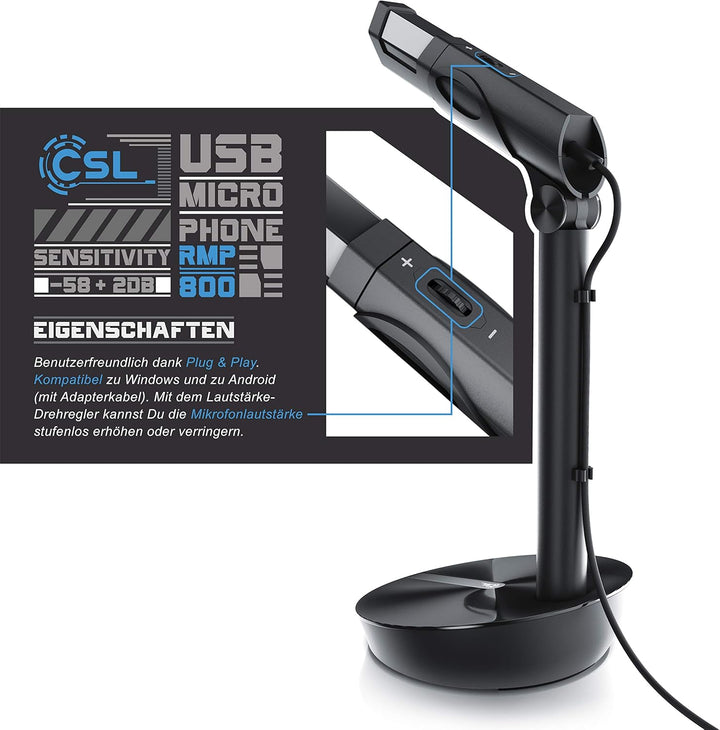 CSL - PC Standmikrofon, USB Mikrofon, Kompatibel mit PC, Mac, Smartphone, Professionelles USB Mikrof