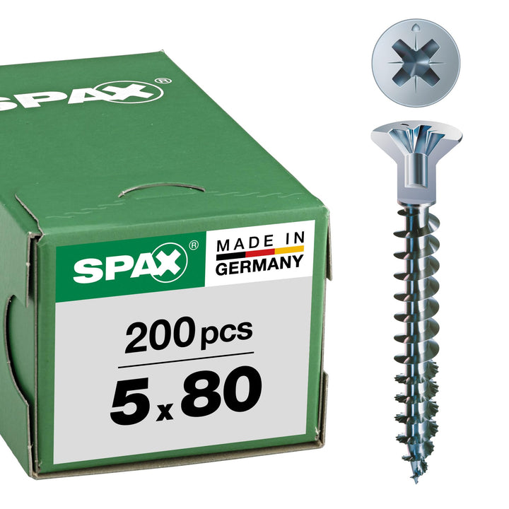 SPAX Universalschraube mit Kopflochbohrung, 5,0 x 80 mm, 200 Stück, Kreuzschlitz Z2, Kleiner Senkkop