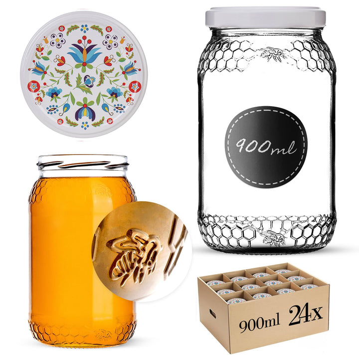 KADAX 24er Set Einmachgläser 900ml TO82 Blumen, Grosse Sturzgläser mit Schraubdeckel, Einkochgläser