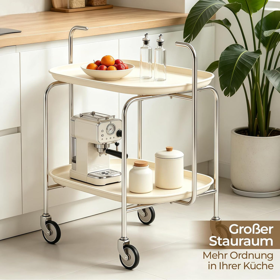 Servierwagen mit 2 Ablageebenen, 65x40x70 cm, Beige Runder Servierwagen mit Rollen, Runder Servierwa