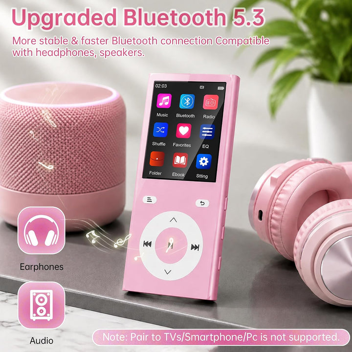 90GB MP3 Player Bluetooth 5.3, Musik Player 2 TF-Kartensteckplätzen Rosa, Rosa