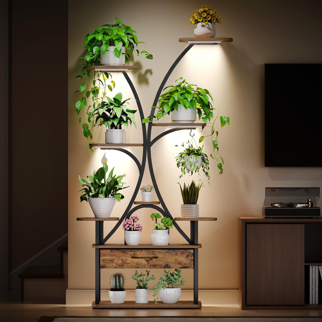 Hzuaneri Pflanzenständer mit Wachstumslicht, 9-Ebenen Blumenständer mit 4 R-G LED-Leuchten, Farbe un