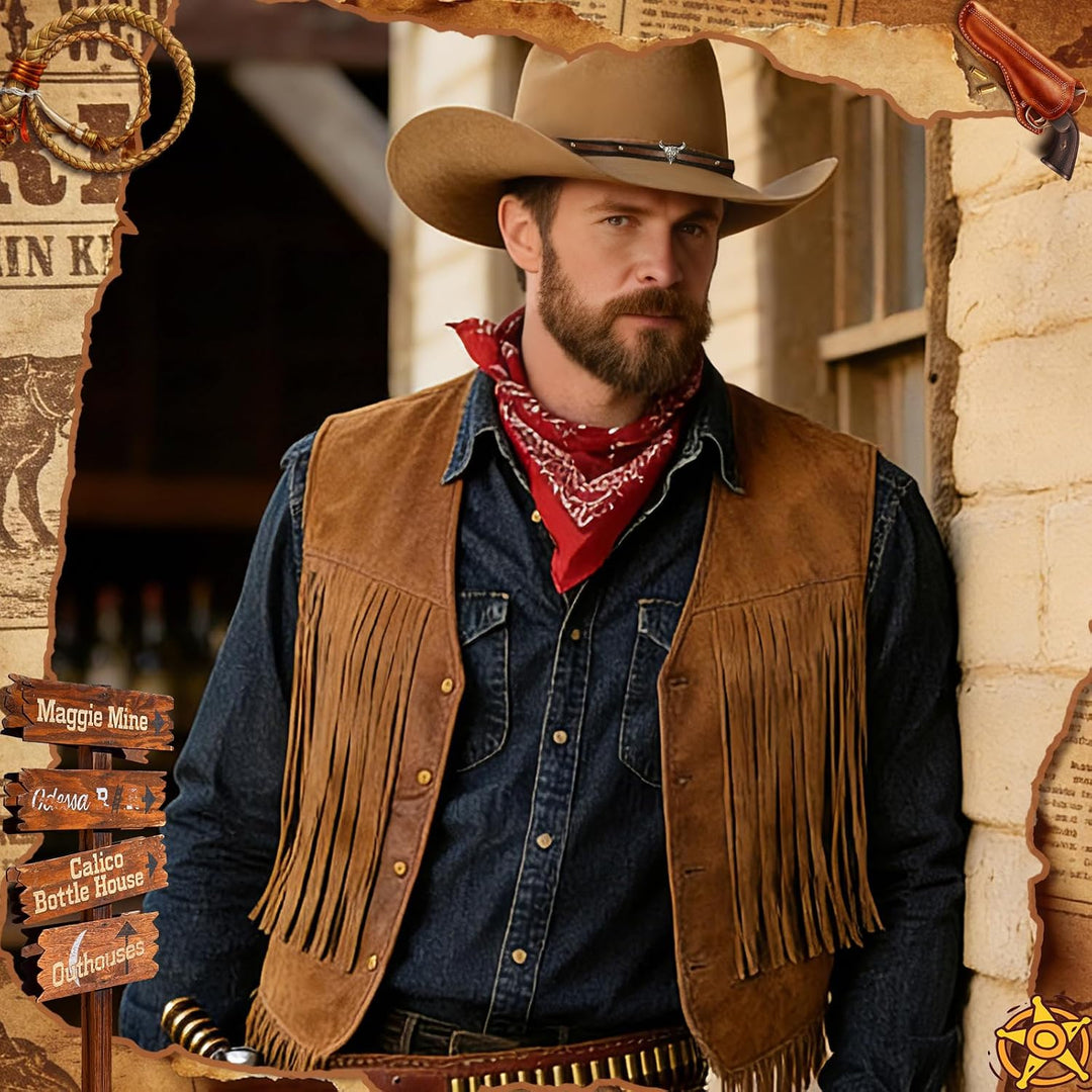 7 Stück Cowboy Kostümzubehör Set für Herren, Western Cowboy Kleidung mit Hut Quastenweste Paisley Ba
